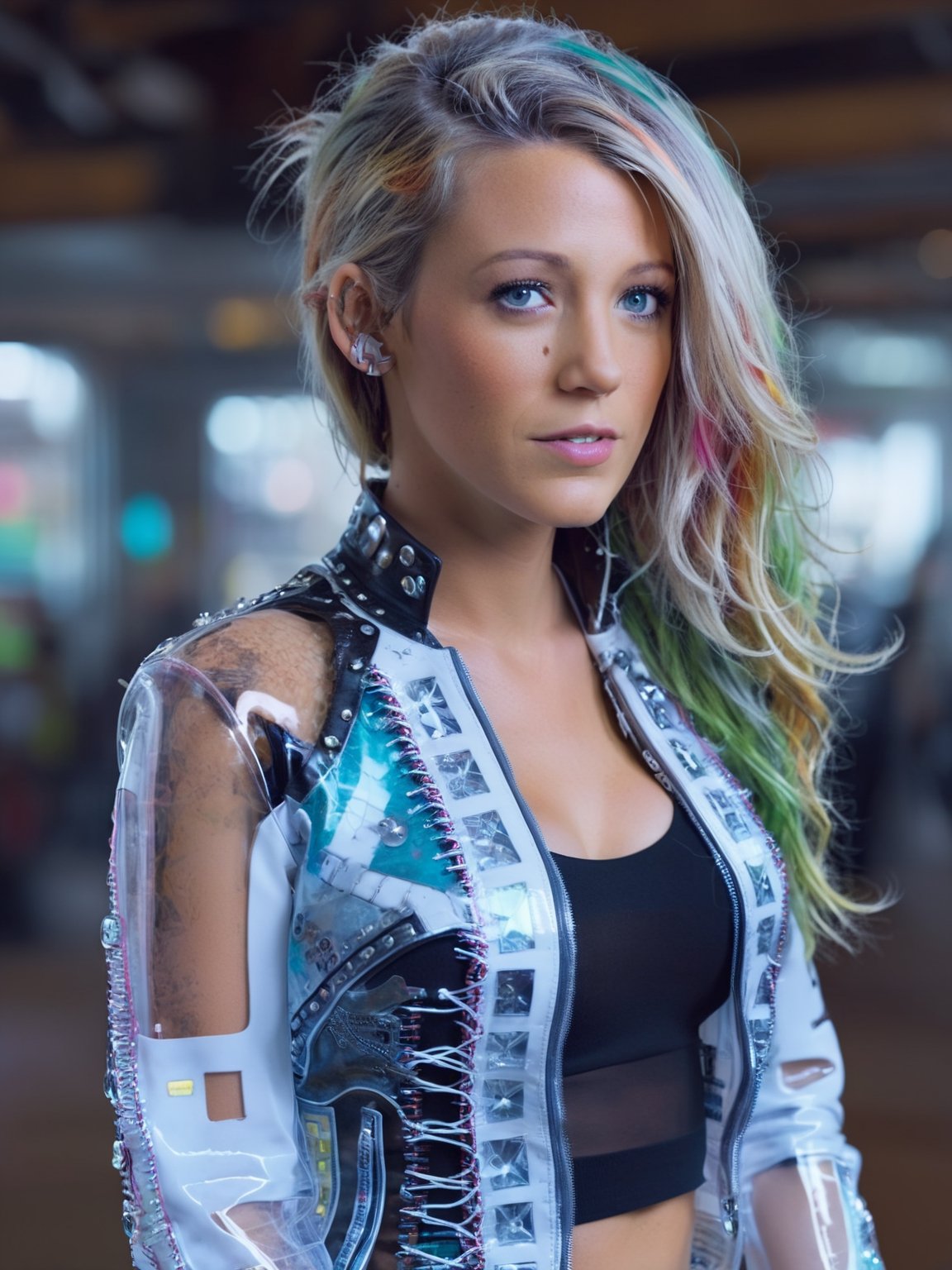 ultra highly intricate detailed 8k, UHD, professional photo,Beautiful cyborg, cowboy girl ,Transparent vinyl jacket, multicolored hair, cyber,  punk town,
,blake lively