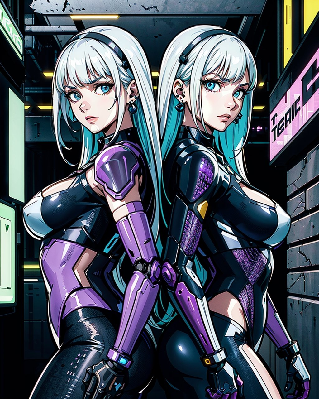 beautiful, linework, thick outlines, strong shadows, 
movie poster of (2girls, twin girls:1.1), long white multicolored hair, back-to-back, posing, confident, closeup shot, looking at viewer, standing, cyberpunk assassin outfit, techwear, advanced technology, dark dystopia, mechanical parts, neon, earrings, amethyst jewels, northern lights in background,