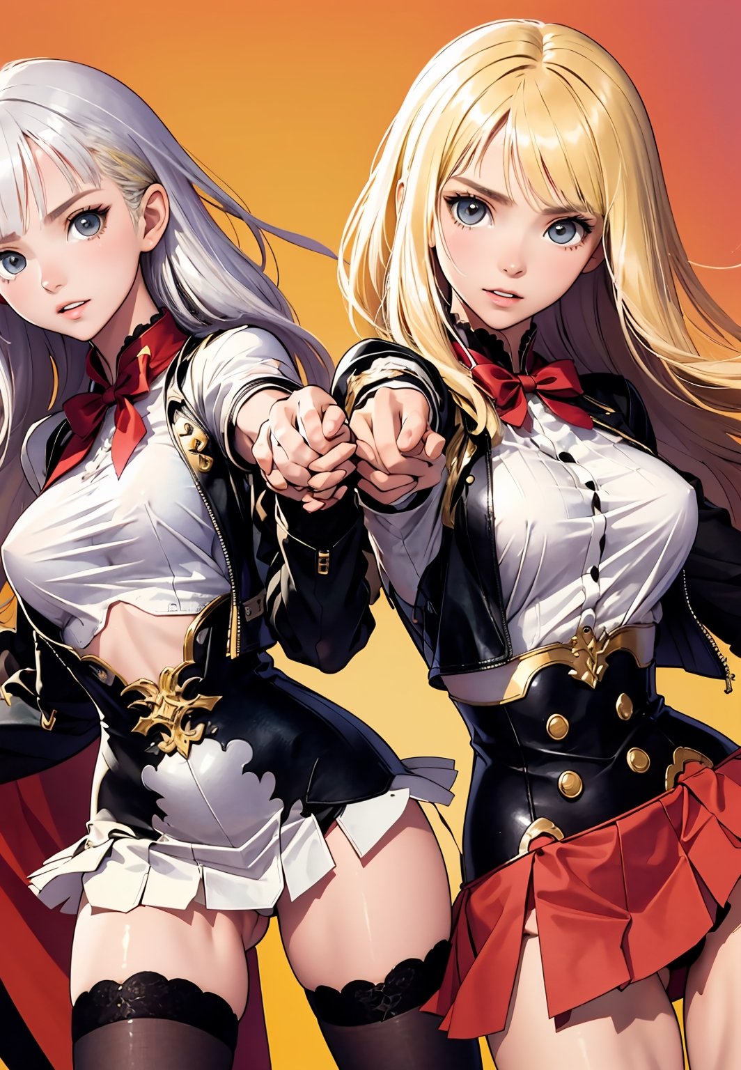 (masterpiece, best quality),  2girl, twin sisters, holding hand, erotic, small breasts, intricate details, blonde hair, sharp focus, both aiming at viewer, both holding pistol, 2 handgun, mini skirts, shirts, seductive, light plump, black legwear, lora:tony_taka_v0.3:1