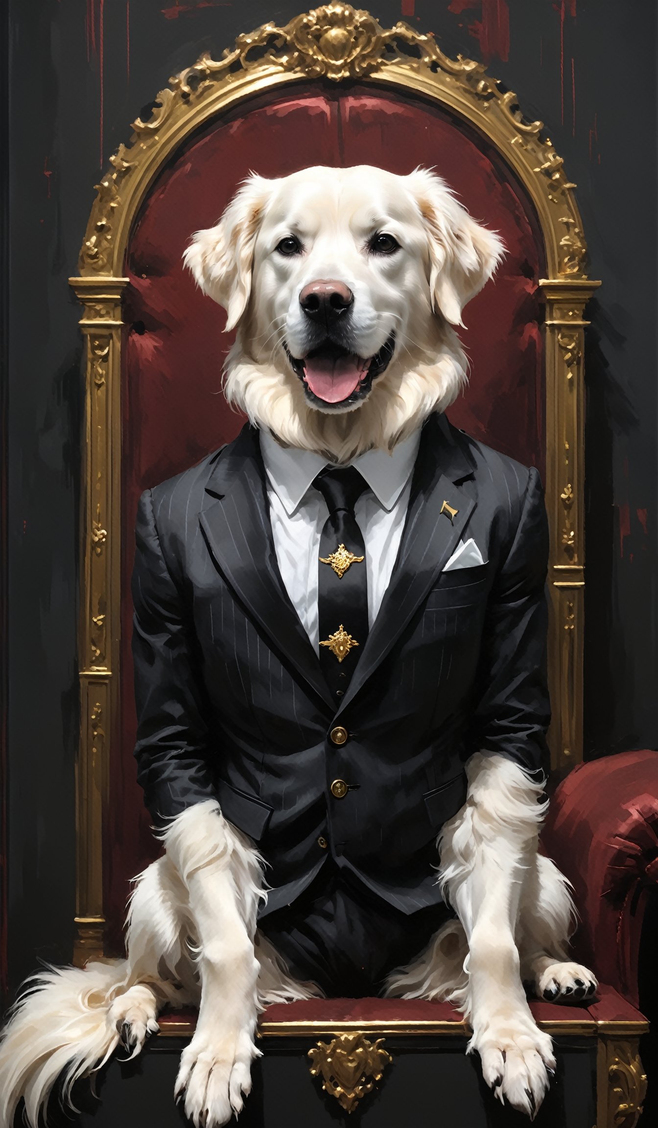 white golden retriever mafia boss wearing black suit with grey stripes. sitting in a dark room with dark red walls, gold rings, solo


