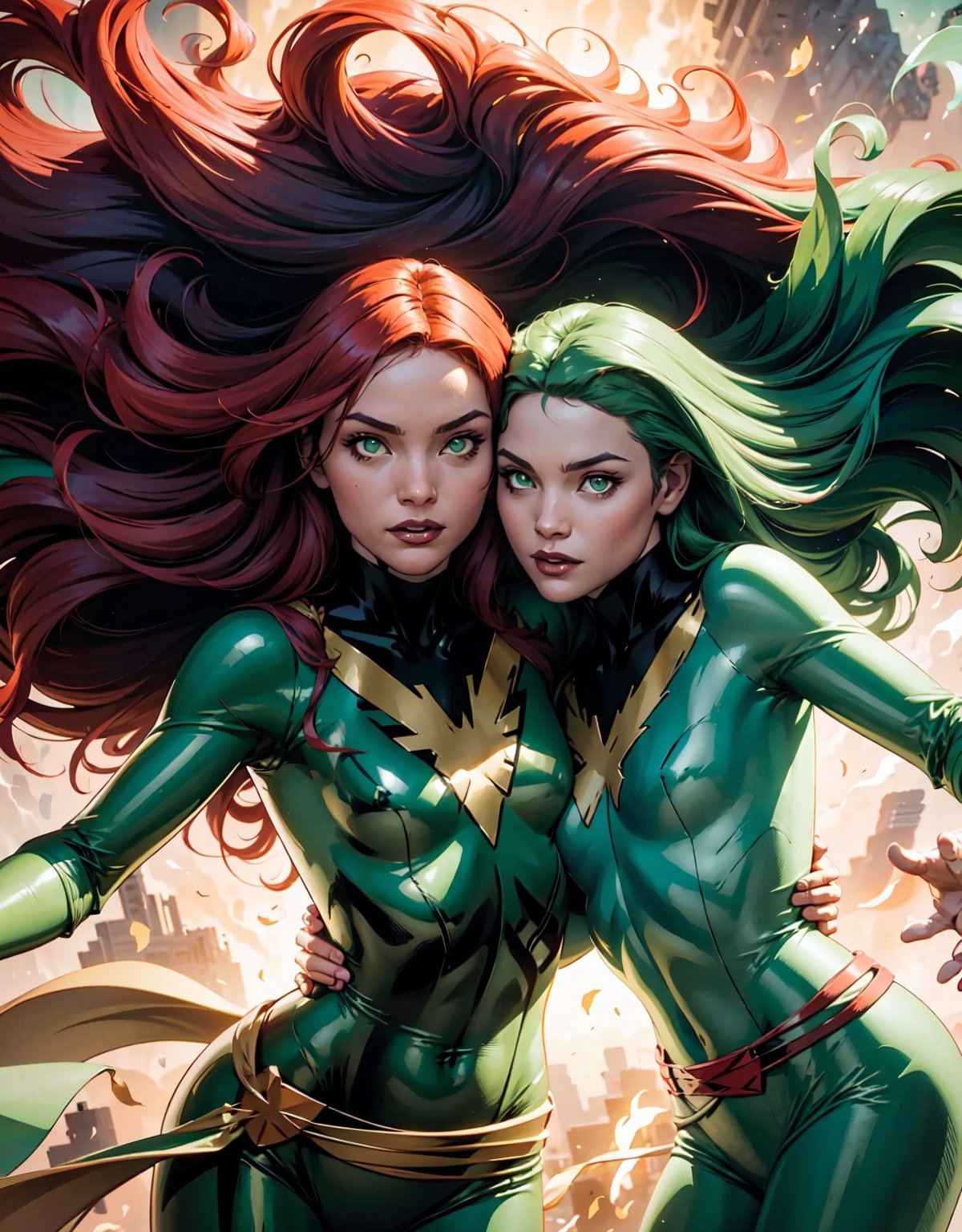 2girls, ((pictures of jean-grey, green bodysuit, gloves, glowing eyes, floating) and (pictures of polaris, helmet, bodysuit, cape, smile, green lipstick, green eyes, lora:polaris-10:0.8)), looking at viewer, smiling, closing hug, cute pose, outside, blue sky, extreme detail, masterpiece, beautiful quality, hug, Polaris,jean-grey,kiss