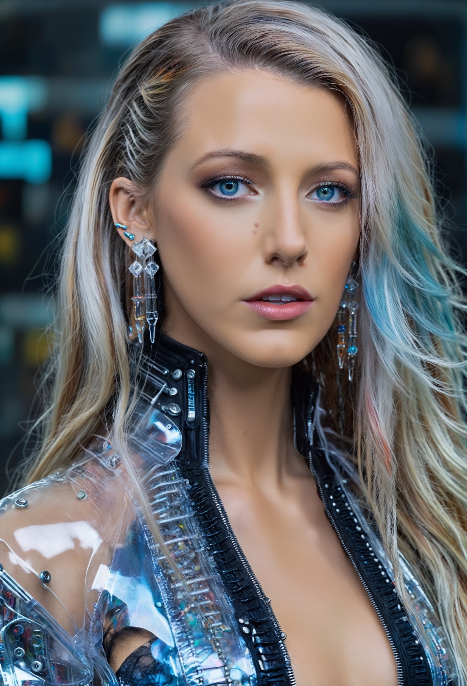 ultra highly intricate detailed 8k, UHD, professional photo,1girl,beautiful cyborg, long hair,Transparent vinyl jacket, earrings, multicolored hair, jewelry, parted lips, blue eyes, looking at viewer,cyberpunk,  open clothes, lips,
,blake lively