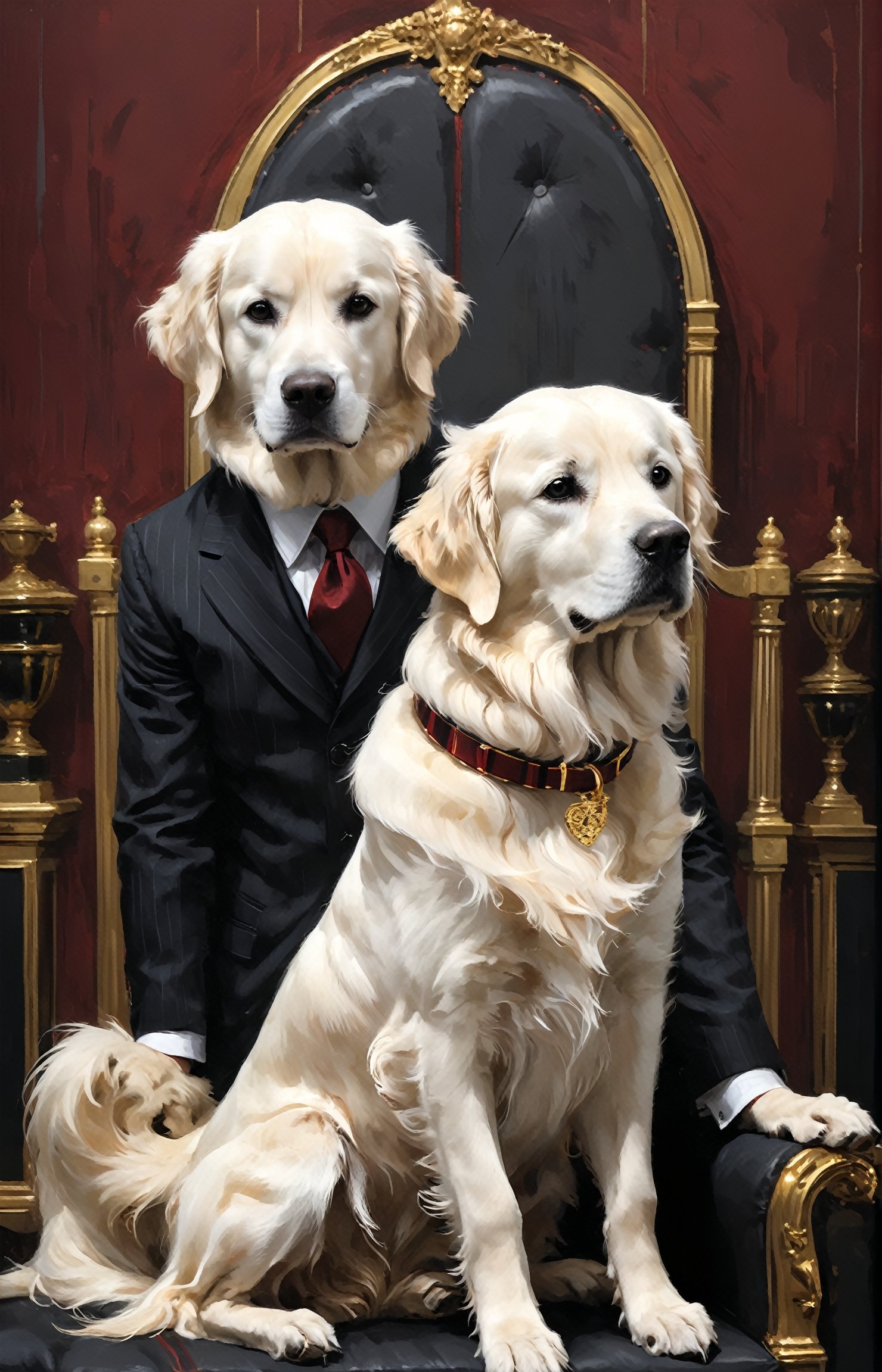 white golden retriever mafia boss wearing black suit with grey stripes. sitting in a dark room with dark red walls, gold rings, 


