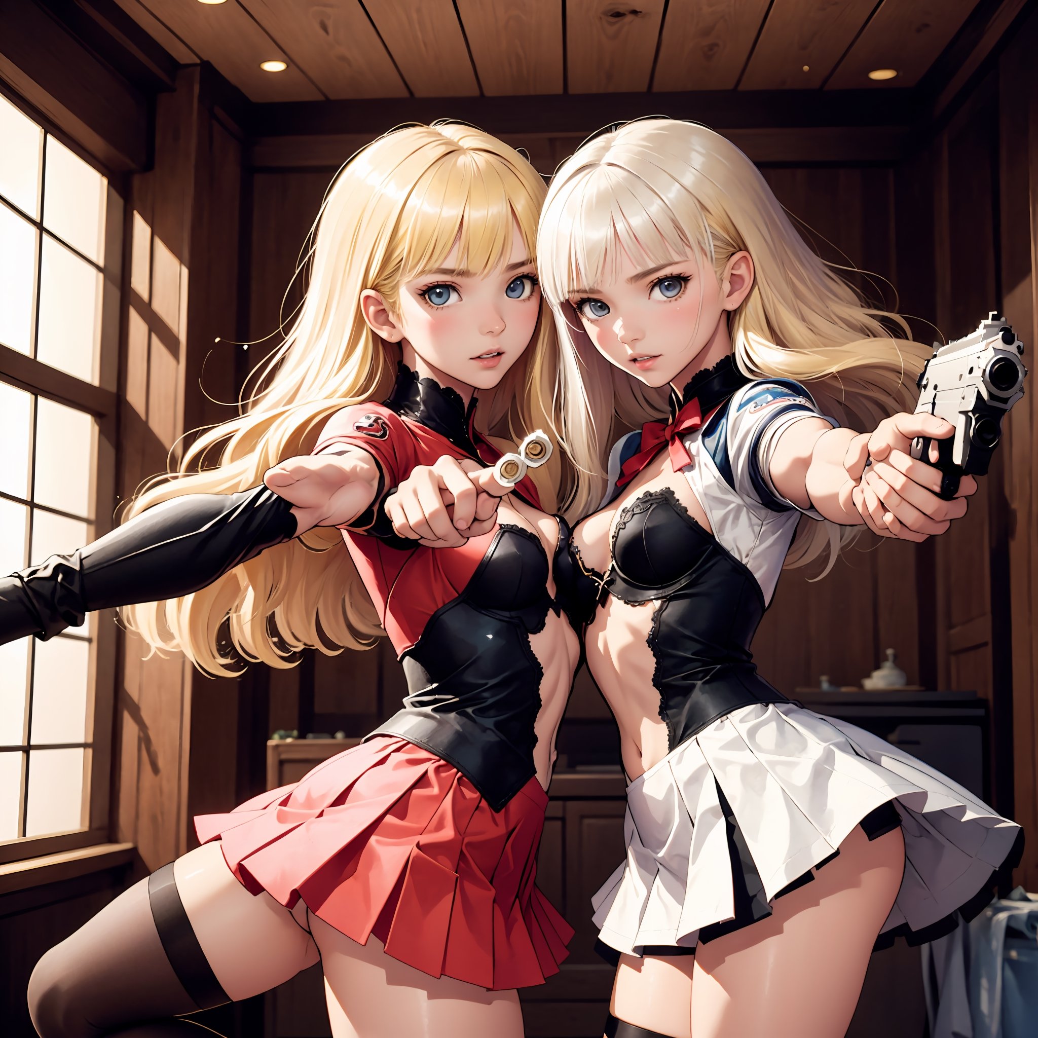 (masterpiece, best quality),  2girl, twin sisters, holding hand, erotic, small breasts, intricate details, blonde hair, sharp focus, both aiming at viewer, both holding pistol, 2 handgun, mini skirts, shirts, seductive, light plump, black legwear, lora:tony_taka_v0.3:1