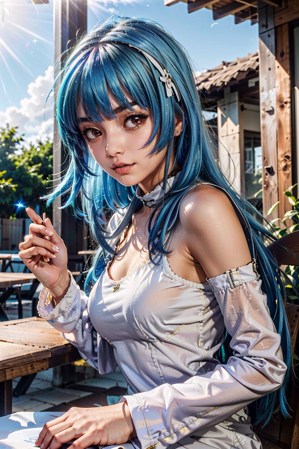 (masterpiece, best quality:1.3)   KOFKula, 1girl, solo, blue hair, bangs, cafe terrace, morning, peaceful and serene with soft morning sunlight