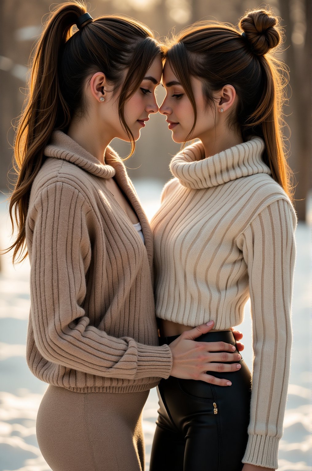 Portrait of two elegant and sexy young ladies Winter clothing,  sweater and leggings hair up,  jewelry in intimate moment...