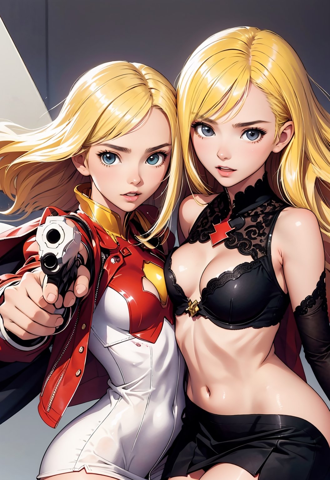 (masterpiece, best quality),  2girl, twin sisters, holding hand, erotic, small breasts, intricate details, blonde hair, sharp focus, both aiming at viewer, both holding pistol, 2 handgun, mini skirts, shirts, seductive, light plump, black legwear, lora:tony_taka_v0.3:1