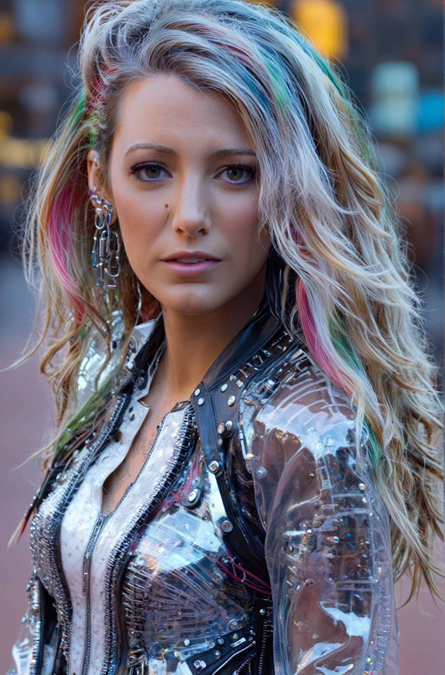 ultra highly intricate detailed 8k, UHD, professional photo,Beautiful cyborg, cowboy girl ,Transparent vinyl jacket, multicolored hair, cyber,  punk town,
,blake lively