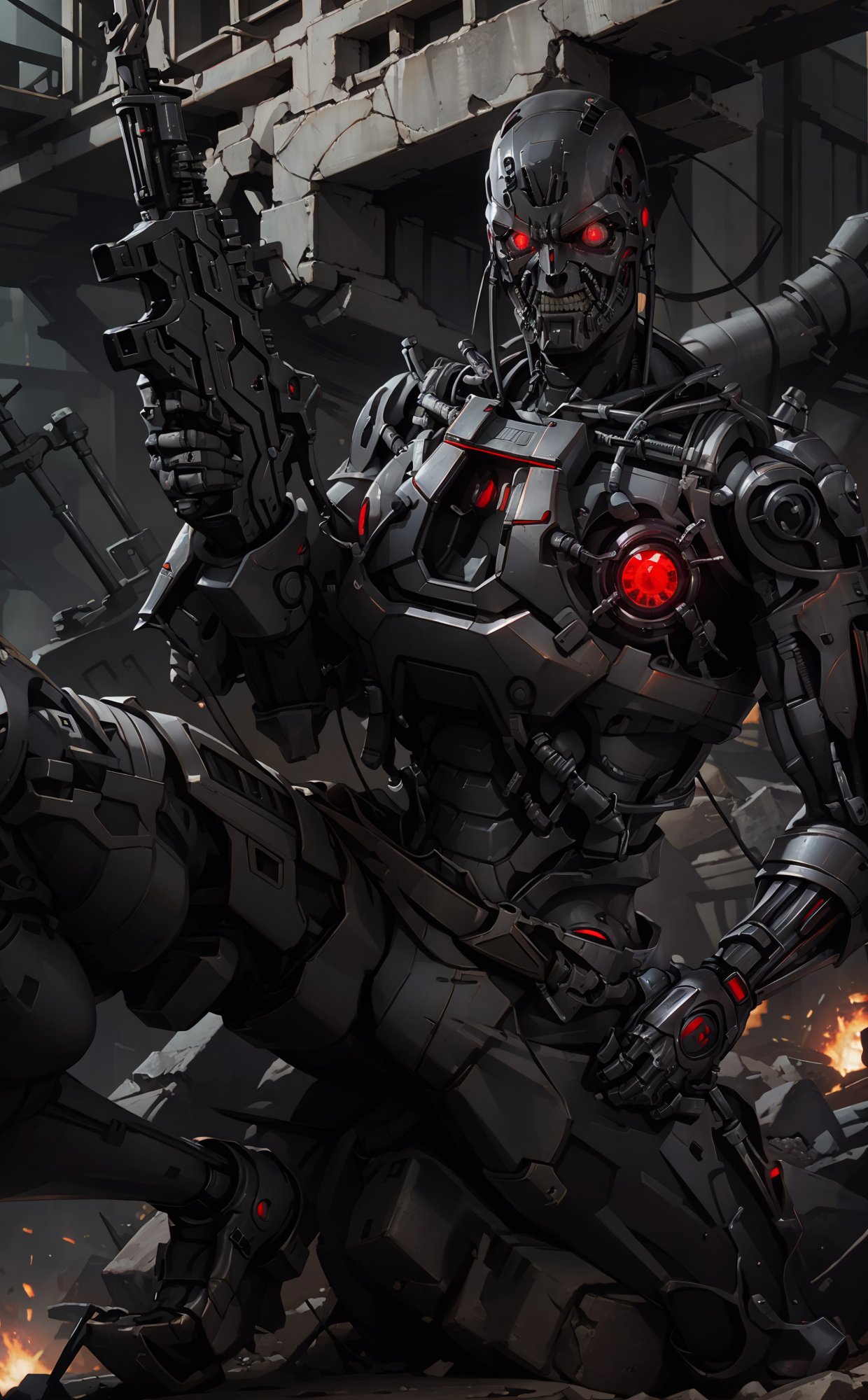 evil cyborg, red eyes, high quality, ultra-detailed, (masterpiece, best quality), huge weapons, armored suit