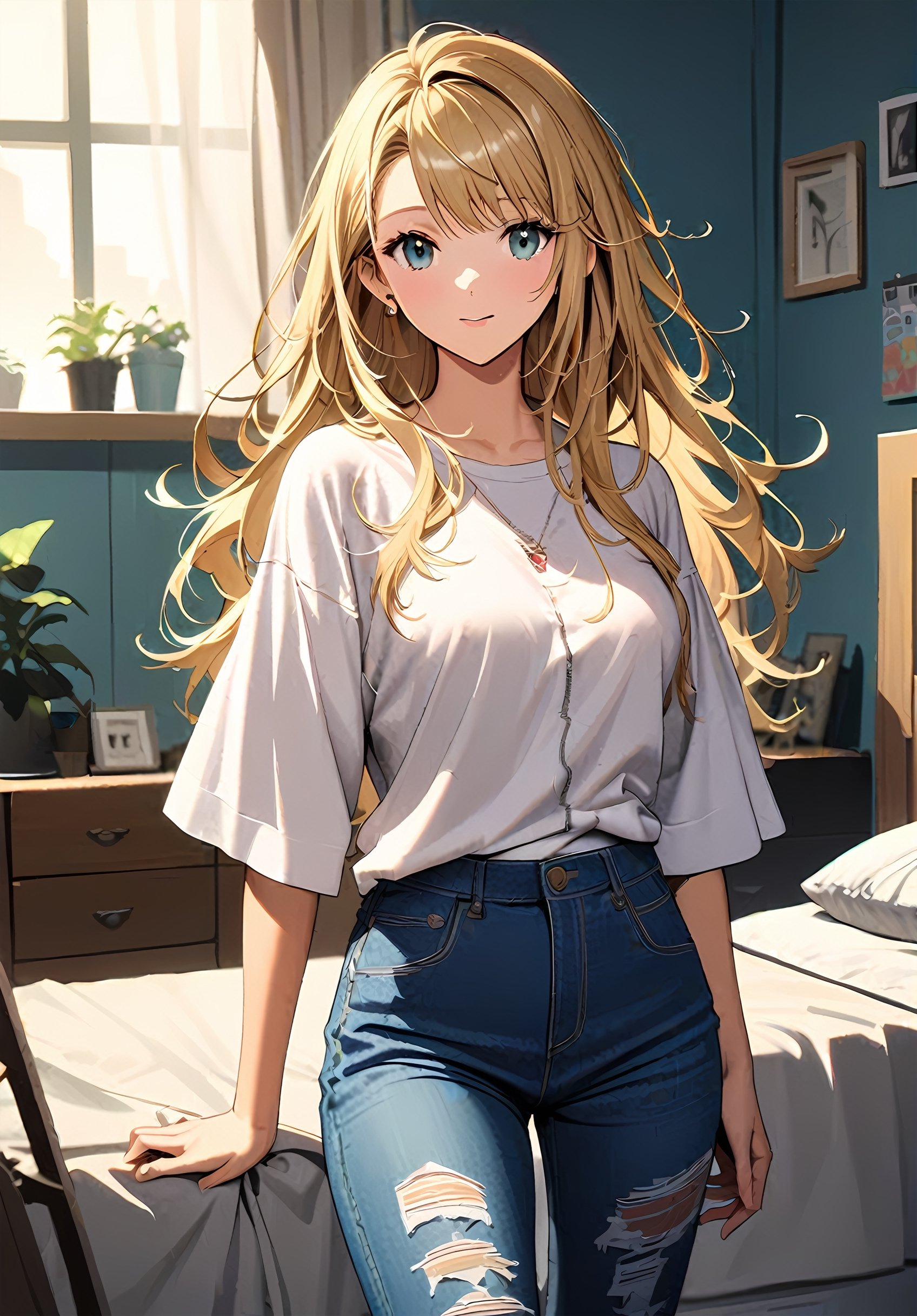 A whimsical oil painting captures the essence of a girl with captivating blue eyes and long, messy blonde hair, standing in a bedroom. Her outfit exudes short jeans and white shirts. The girl appears somewhat peaceful , Soft light emanates from behind her, casting a subtle glow and adding depth to the composition. Vibrant hues and playful brush strokes infuse the scene with energy, echoing the dynamic spirit of streetwear.
,blake lively