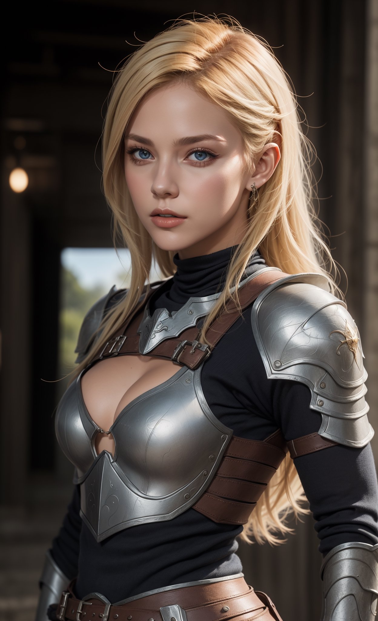 1girl, solo, realistic, looking at viewer, rogue, portrait , armor, long blonde hair, lora:Adventurers_v20:0.7
