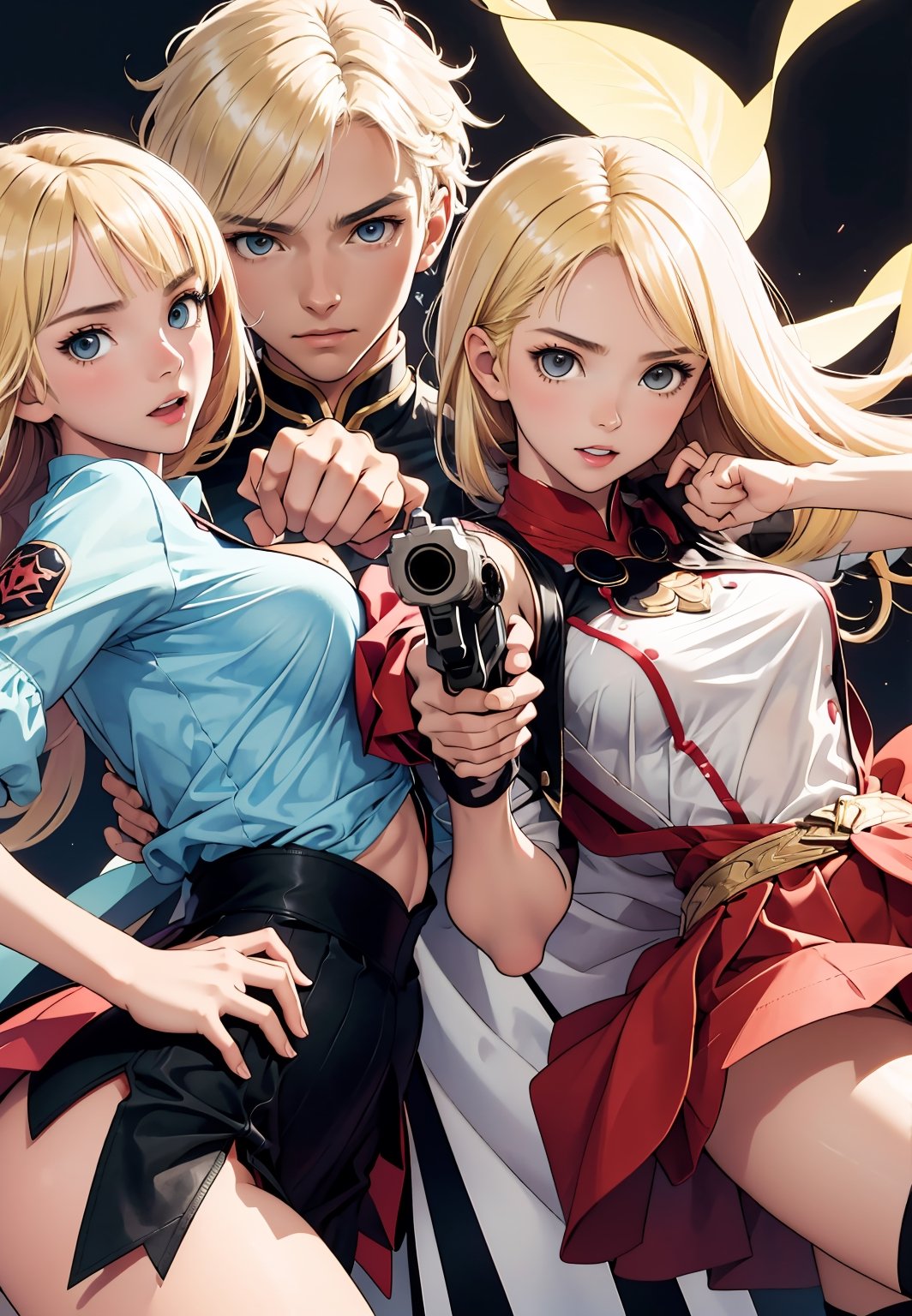 (masterpiece, best quality),  2girl, twin sisters, holding hand, erotic, small breasts, intricate details, blonde hair, sharp focus, both aiming at viewer, both holding pistol, 2 handgun, mini skirts, shirts, seductive, light plump, black legwear, lora:tony_taka_v0.3:1