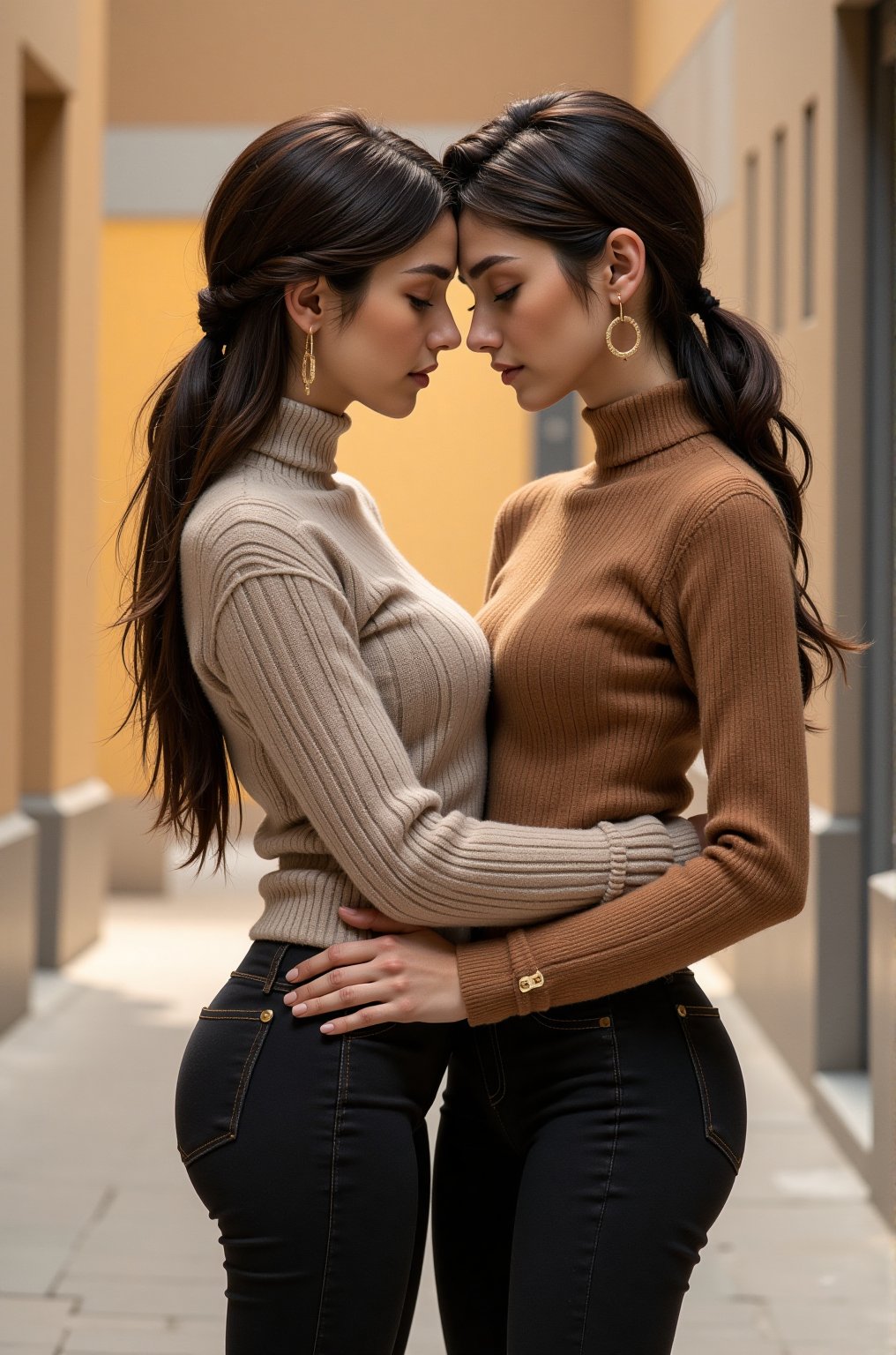 Portrait of two elegant and sexy young ladies Winter clothing,  sweater and leggings hair up,  jewelry in intimate moment...