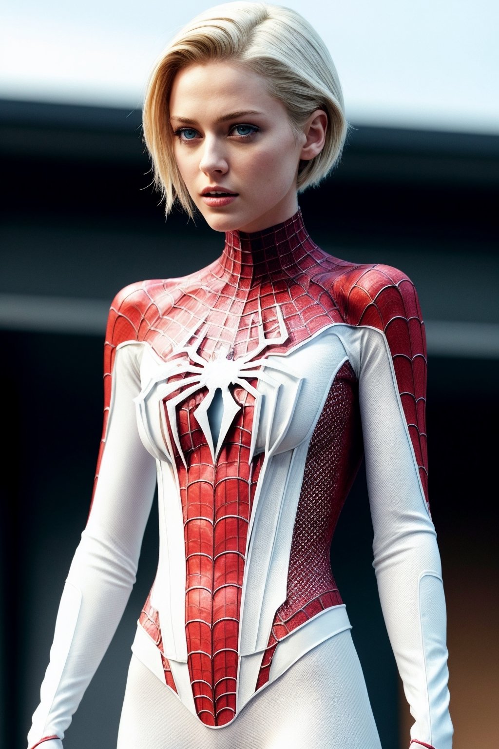 modelshoot style, (extremely detailed 8k wallpaper), a medium shot photo of a 18 yo girl (Christina Aguilera:Amanda Seyfried:0.5), white spider man suit, short blunt hair, blonde, beautiful face, roof, masterpiece, intricate detail, perfect anatomy, lora:add_detail:0.5, Intricate, High Detail, dramatic
