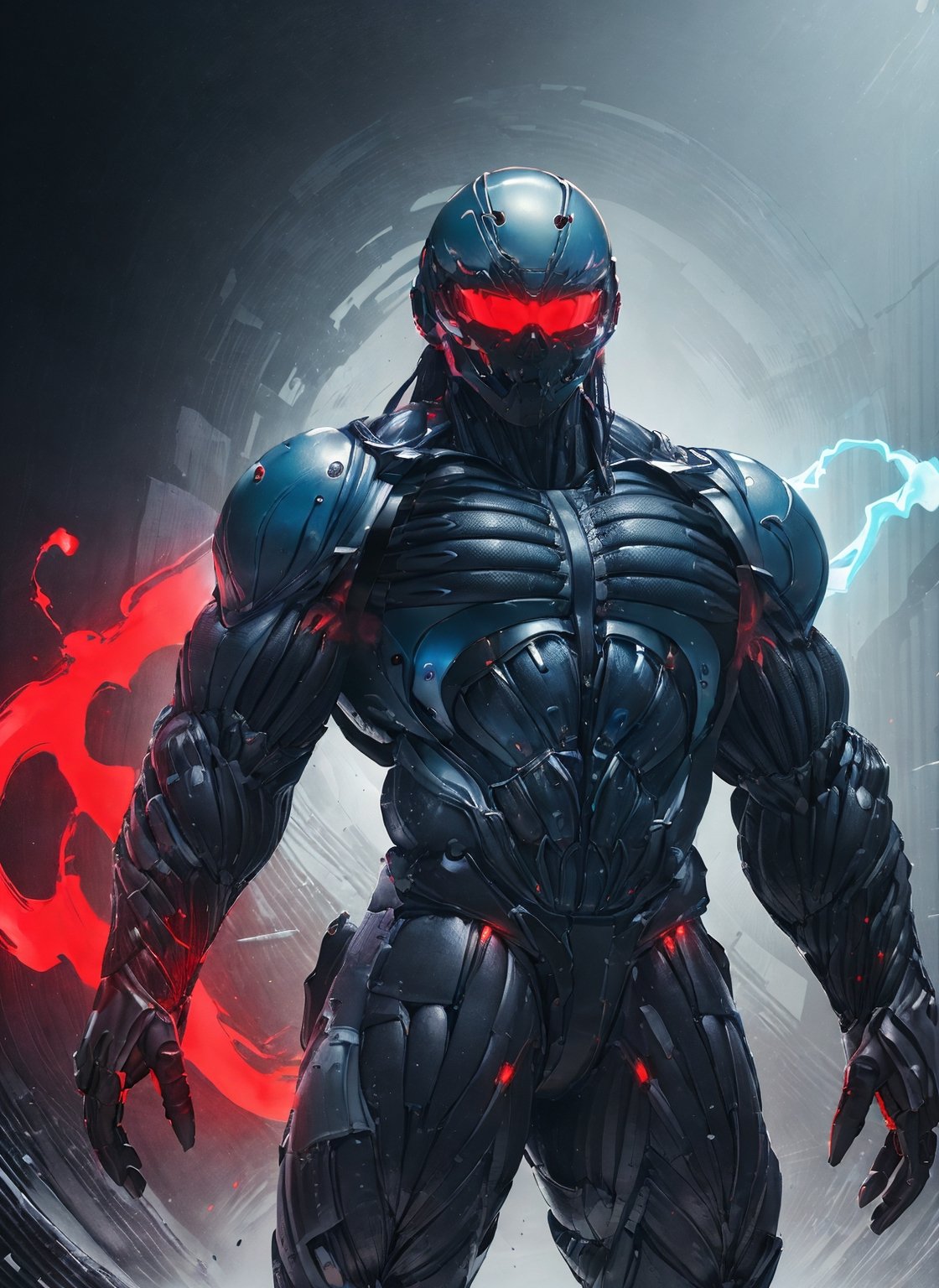 (best quality, ultra-detailed, best illustration, best shadow, masterpiece, high res, professional artwork, famous artwork), man in a (white,blue, bulky colored carbon fiber nanosuit), long floating samurai white ponytail,nanosuit brutul helmet in the shape of skull,futuristic galss visor,red glowing liquid cooling   tubes connected to helmet,black background,angry brows  