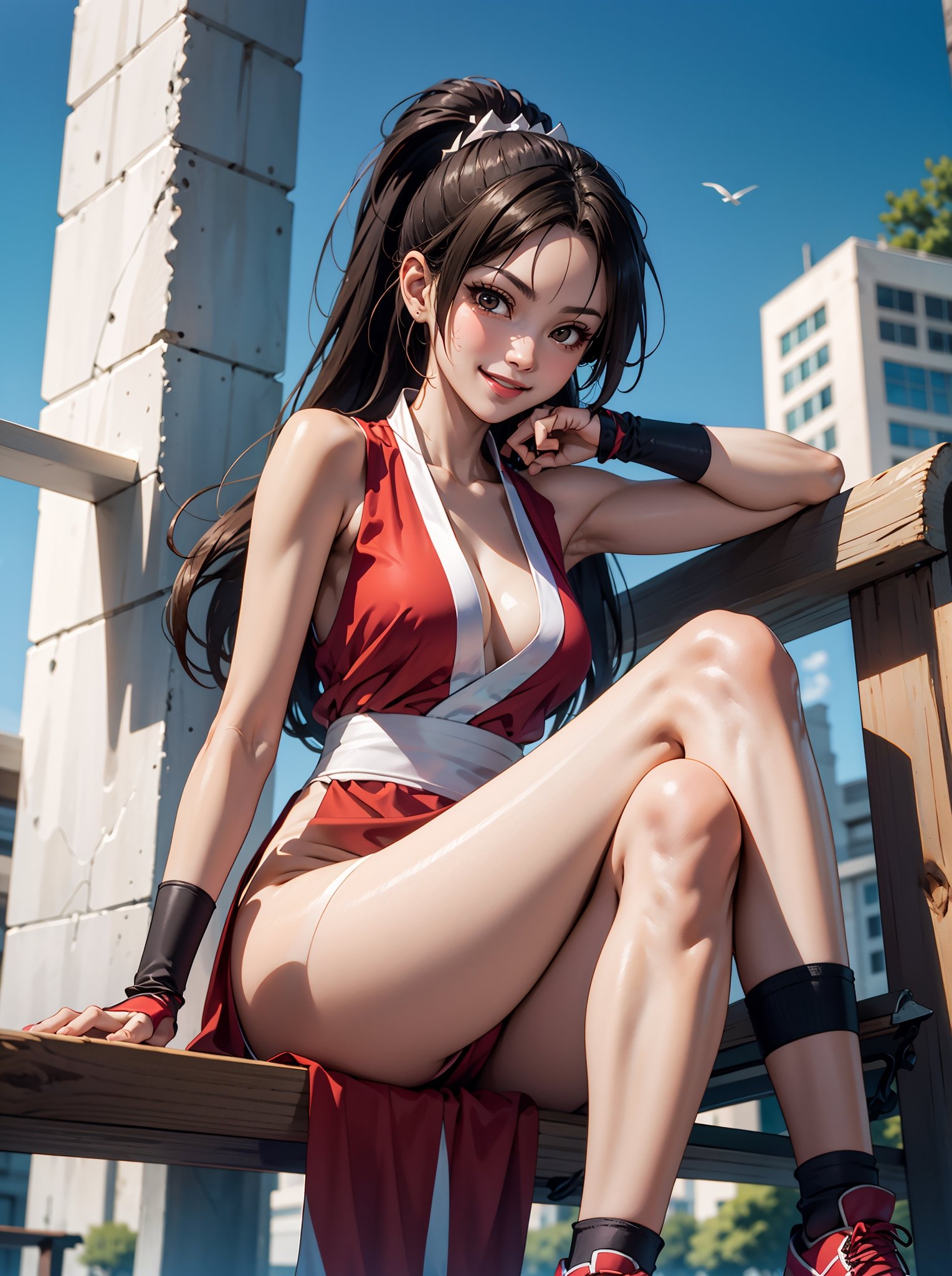 sfchunli, looking at viewer, smiling, cute pose, 
sitting, on bench, crossing legs, from_below, outside, blue sky, extreme detail, masterpiece, beautiful quality, brown eyes