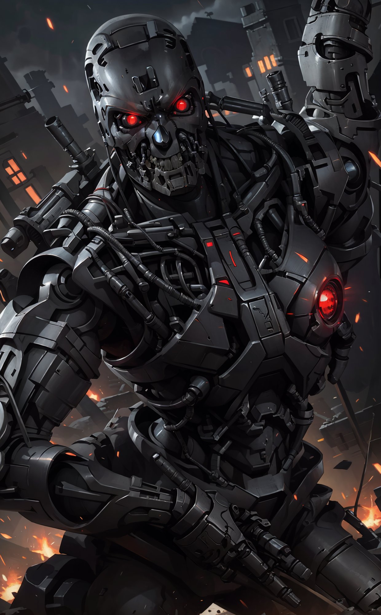 evil cyborg, red eyes, high quality, ultra-detailed, (masterpiece, best quality), huge weapons, armored suit