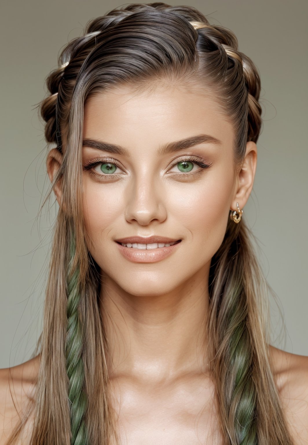 lyco:sd15_NicolaCavanis_loha_64_v1:.85, realistic photo of  NicolaCavanis, focus on eyes, close up on face, smile, wearing jewelry, pale green color hair styled as braided crown hair,