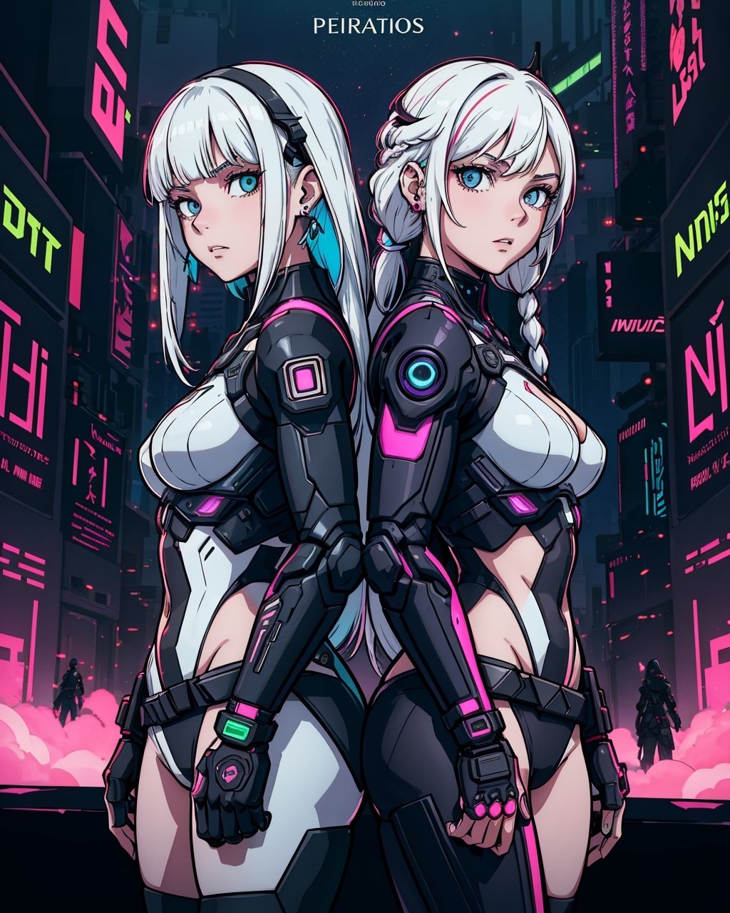 beautiful, linework, thick outlines, strong shadows, 
movie poster of (2girls, twin girls:1.1), long white multicolored hair, back-to-back, posing, confident, closeup shot, looking at viewer, standing, cyberpunk assassin outfit, techwear, advanced technology, dark dystopia, mechanical parts, neon, earrings, amethyst jewels, northern lights in background,