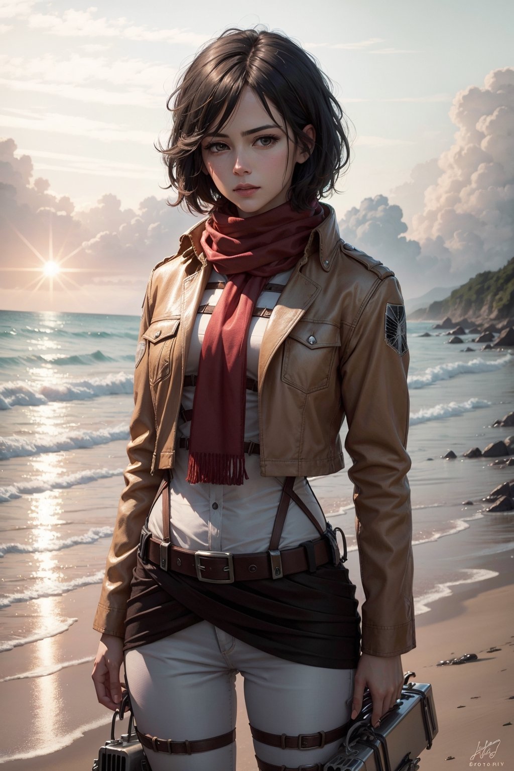   masterpiece, best quality, highres, hmmikasa, short hair, black eyes, scarf, emblem, belt, thigh strap, red scarf, white pants, brown jacket, long sleeves, cowboy shot, standing, on the beach, tall girl, 4k, (photorealistic:1.5), beautiful lighting, (ulzzang-6500:0.5)
,hmmikasa