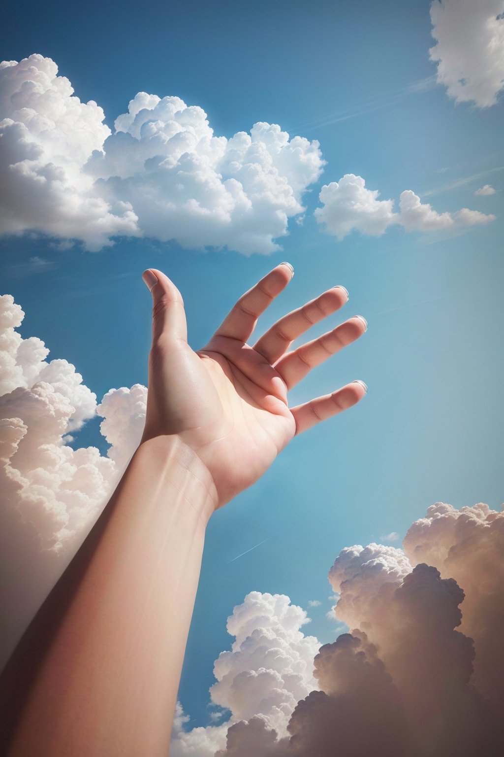 ((hands reach for the sky)),

the camera looks at the bright blue sky,

(best quality, masterpiece, colorful, dynamic angles, highest detail, highly realistic), professional photos, (high resolution textures), in dynamic poses, (intricate details, highly detailed: 1.15), detailed, high contrast, highest detail)