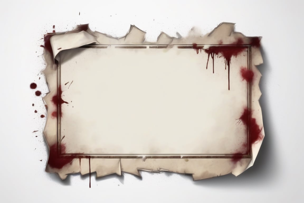 realistic ui frame,dirty white note paper style,empty,horror-survival game,utral detailed,stains,white background