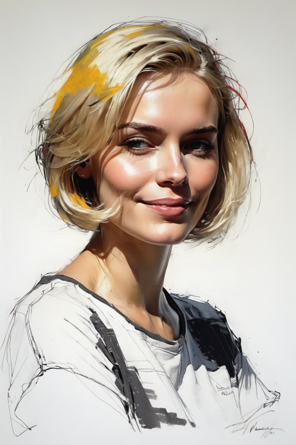 Masterpiece, best quality, dreamwave, aesthetic, 1woman, open look, (looking into the eyes), smiling charmingly sexy, short blonde hair, bob hairstyle,  t-shirt,  sketch, lineart, pencil, white background, portrait by Nikolay Alexanov, Style by Nikolay Feshin, artistic oil painting stick,charcoal \(medium\),