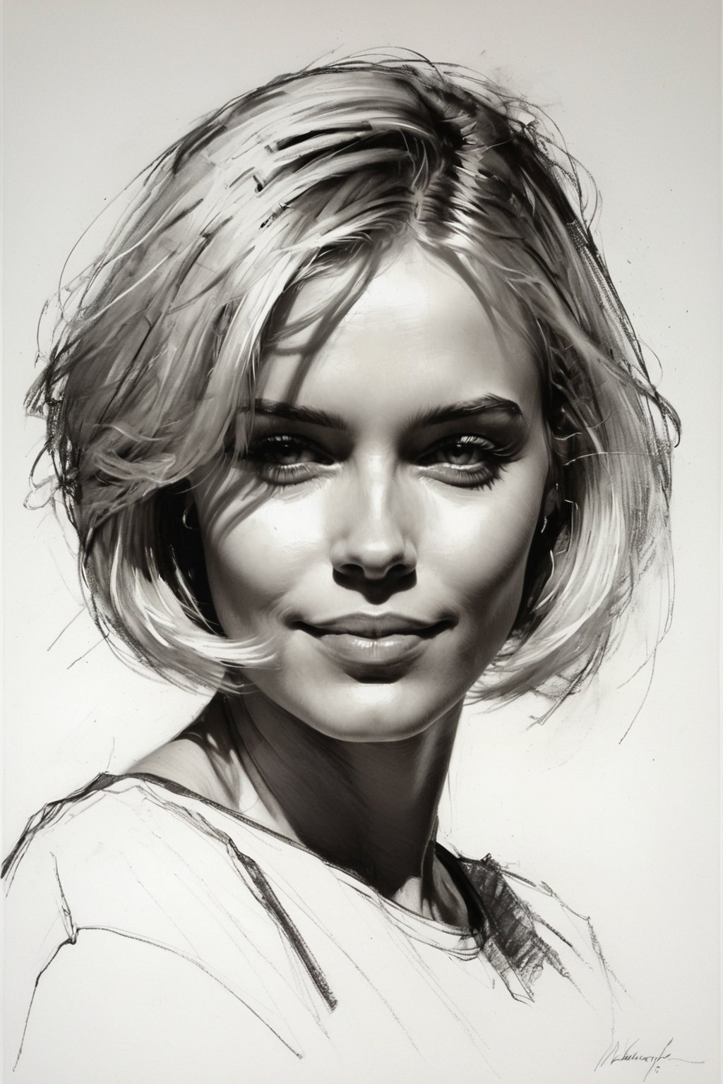 Masterpiece, best quality, dreamwave, aesthetic, 1woman, open look, (looking into the eyes), smiling charmingly sexy, short blonde hair, bob hairstyle,  t-shirt,  sketch, lineart, pencil, white background, portrait by Nikolay Alexanov, Style by Nikolay Feshin, artistic oil painting stick,charcoal \(medium\),