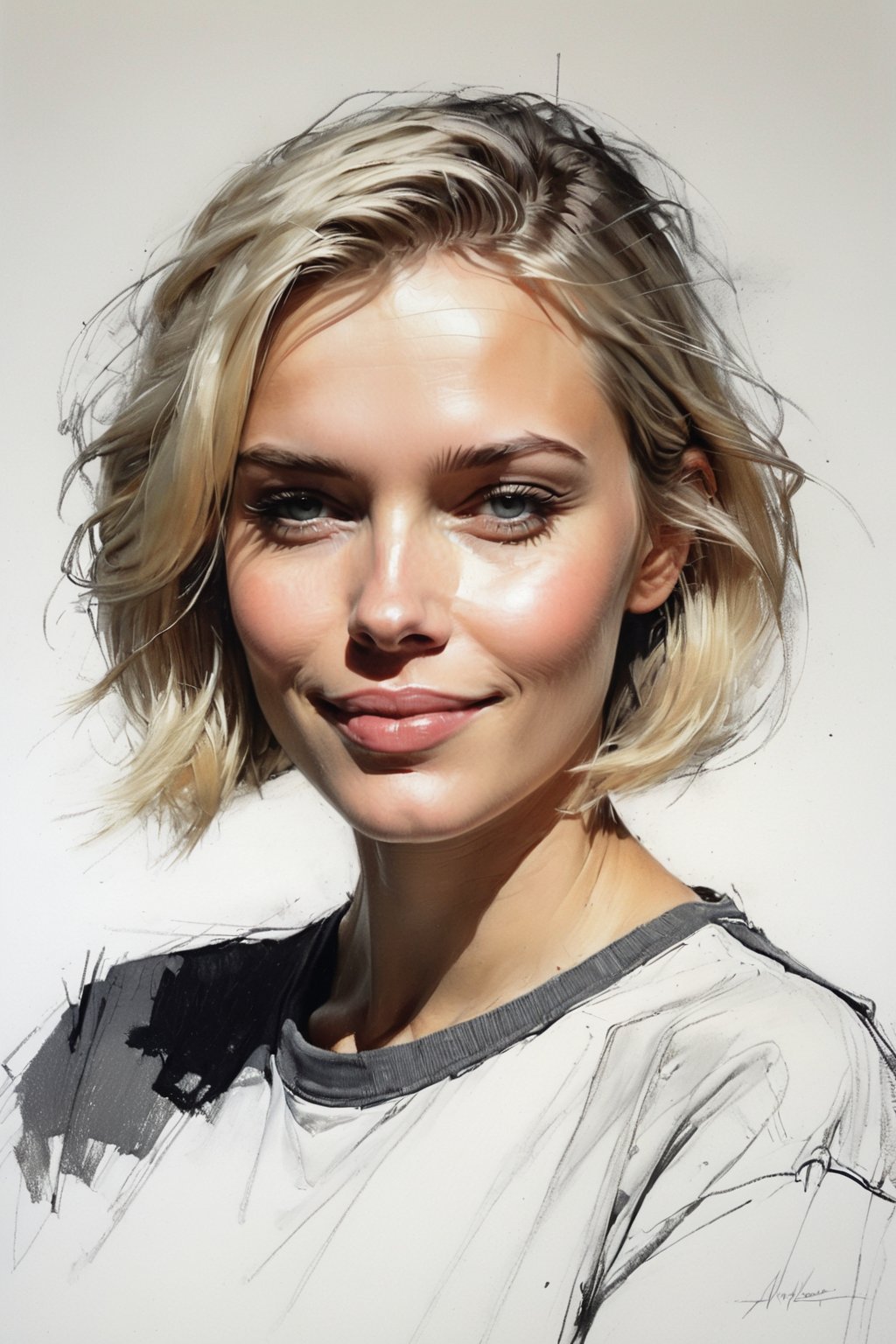 Masterpiece, best quality, dreamwave, aesthetic, 1woman, open look, (looking into the eyes), smiling charmingly sexy, short blonde hair, bob hairstyle,  t-shirt,  sketch, lineart, pencil, white background, portrait by Nikolay Alexanov, Style by Nikolay Feshin, artistic oil painting stick,charcoal \(medium\),