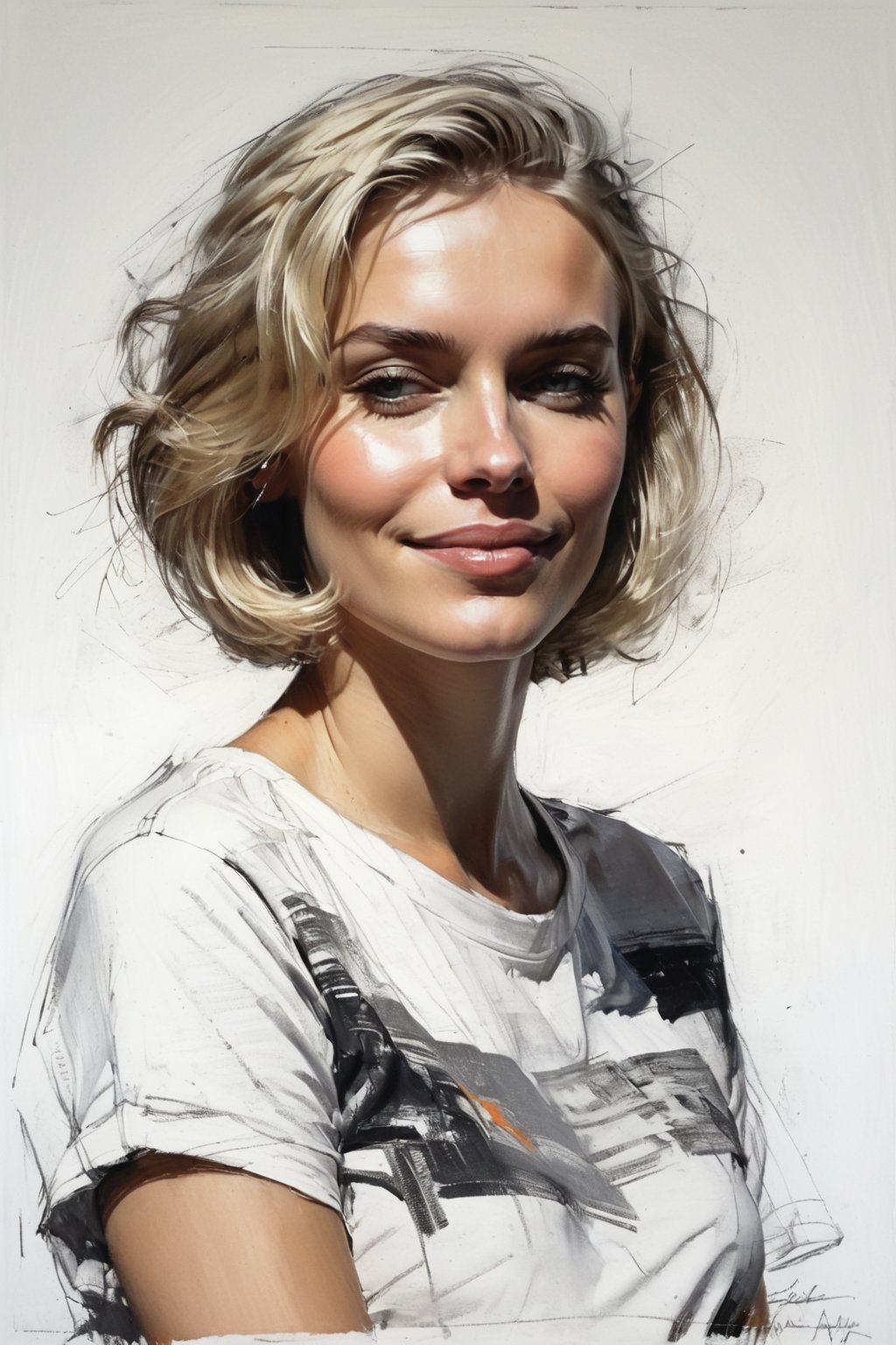 Masterpiece, best quality, dreamwave, aesthetic, 1woman, open look, (looking into the eyes), smiling charmingly sexy, short blonde hair, bob hairstyle,  t-shirt,  sketch, lineart, pencil, white background, portrait by Nikolay Alexanov, Style by Nikolay Feshin, artistic oil painting stick,charcoal \(medium\),