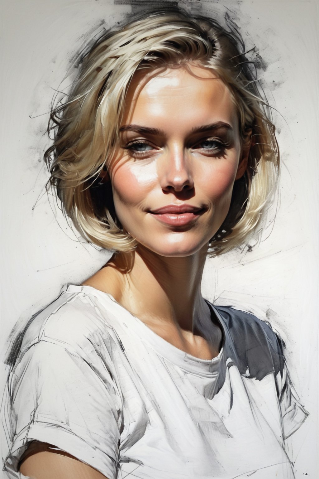 Masterpiece, best quality, dreamwave, aesthetic, 1woman, open look, (looking into the eyes), smiling charmingly sexy, short blonde hair, bob hairstyle,  t-shirt,  sketch, lineart, pencil, white background, portrait by Nikolay Alexanov, Style by Nikolay Feshin, artistic oil painting stick,charcoal \(medium\),