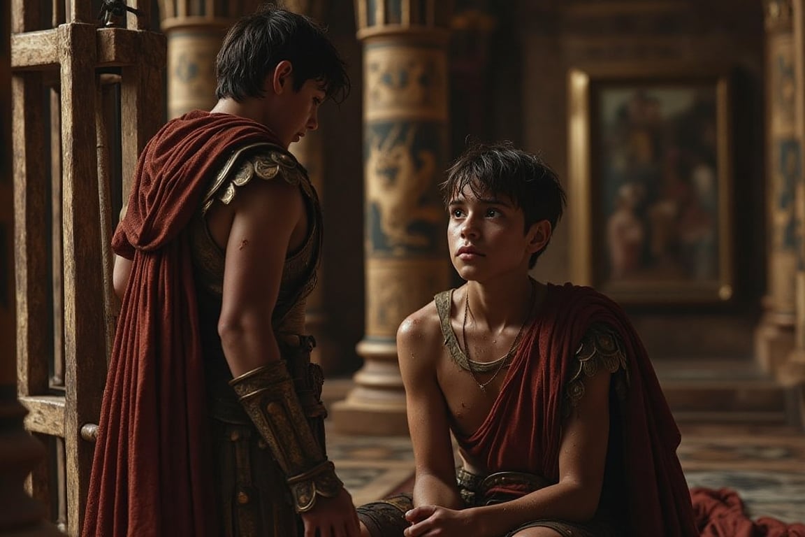 Prompt: Craft a deeply atmospheric scene set in an ancient Roman villa,  rich with historical detail and emotional depth....