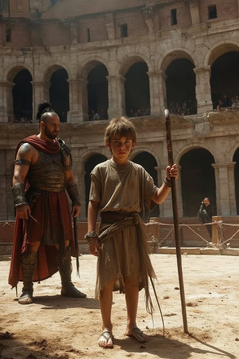 A comic-style scene of Cassian's training in the Colosseum's pit. The setting is a dusty,  circular arena with packed dirt...