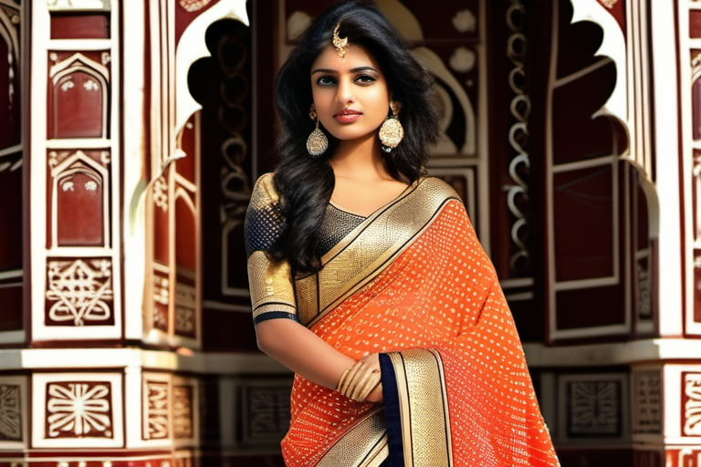 An exotic 18 year old Indian female model at Taj Mahal, wearing a traditiona saree.