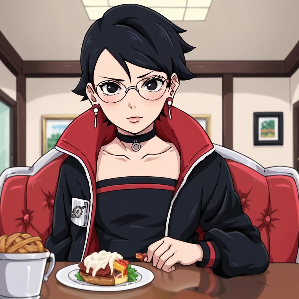 1girl,solo,beatiful girl,blushing,Sarada Uchiha,black hair,short hair,black eyes,glasses,earrings,choker,open jacket,konohagakure symbol,strapless,across table pov,date,date pov,sitting,food on table,restaurant background,red armchair,Anime_screencap,fake_screenshot,score_9,score_8_up,score_7_up, score_6_up, score_5_up,score_4_up,source_anime,fine anime screencap,style parody,official style,anime coloring