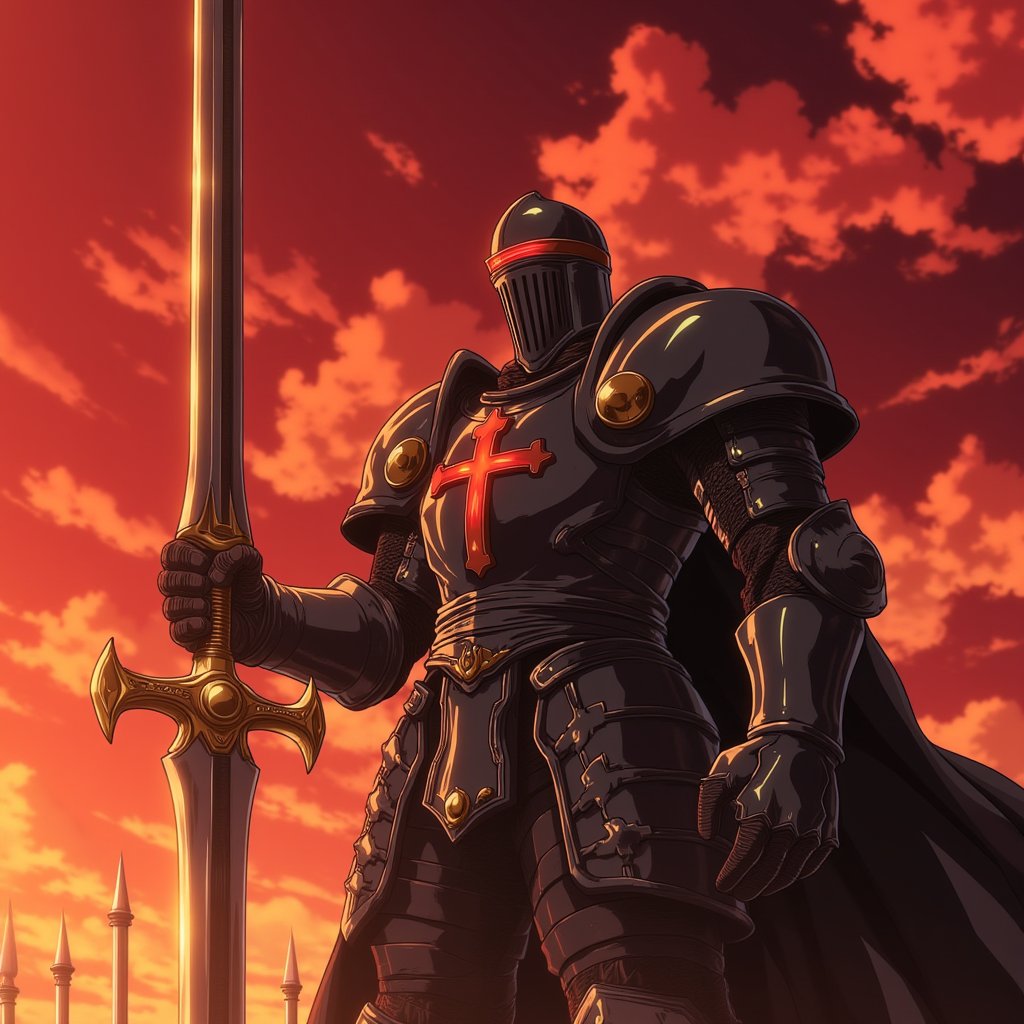 imagine anime-inspired art style. It depicts a large,  imposing knight standing against a vivid red and orange sky,  sugge...