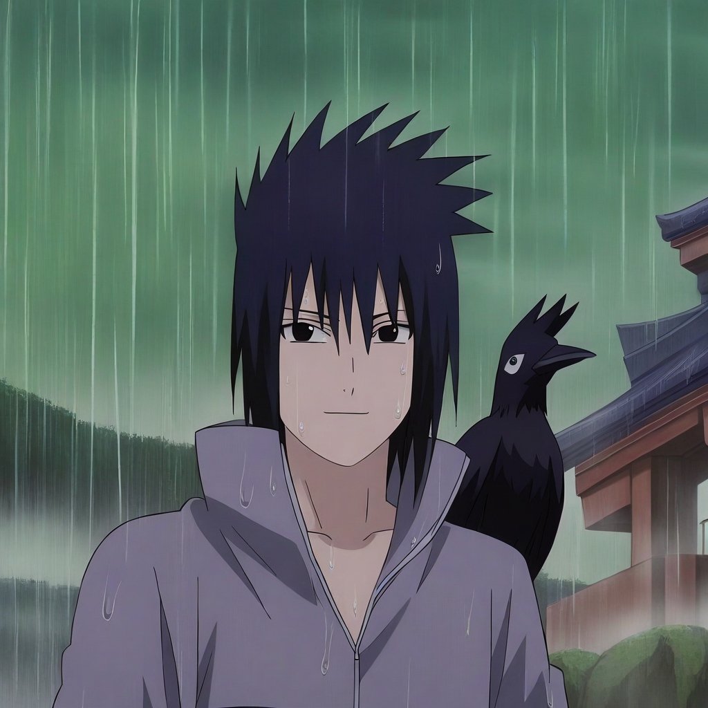 1boy,solo,Sasuke Uchiha,black hair,spiky hair,black eyes,gray shirt with short sleeves,upperbody,looking at viewer,smile,green sky,big clouds,rocks,temple,rain,rain drops,anime wallpaper,crow,crow standing on his shoulder,fog,anime coloring