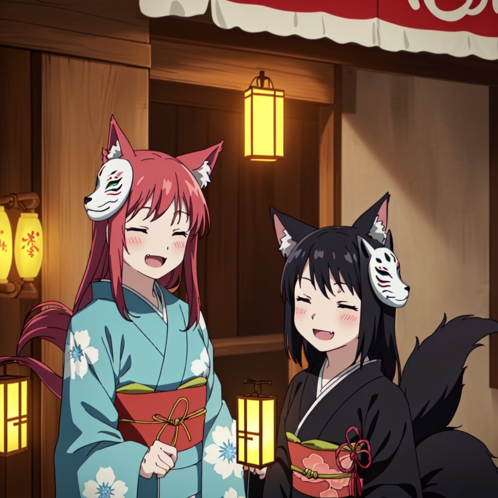 fullmetal alchemist Style,(anime wallpaper:1.1),1girl,long hair, blush, smile, open mouth, bangs,multiple people, red hair, long sleeves, cat ears, closed eyes, upper body, :d, sidelocks, japanese clothes, fang, wide sleeves, kimono, official alternate costume, animal ear fluff, sash, fox ears, mask, ^ ^, obi, floral print, lantern, mask on head, black kimono, fox mask, paper lantern