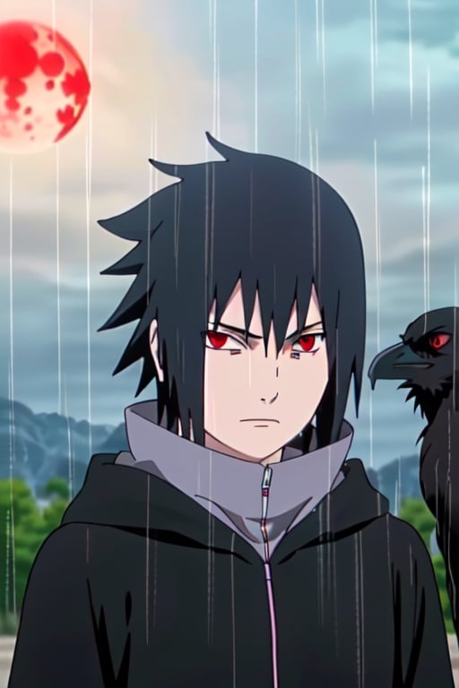 Sasuke Uchiha,(Akatsuki Cloak:1.2), ninja, cloak, necklace, black hair, red eyes, cloak,black hair, spicky hair,red eyes, ((masterpiece)), ((best quality)), ((intricate)), ((raining)), ((red moon background)), (looking at viewer), (expressionless), (closed mouth), (upper body), (glowing red eyes), (((dark night))), eternal mangekyou sharingan, crows, crow with sharingan in his shoulder, uchiha Sasuke,cloak, high collar, jewelry, necklace, black hair, red eyes