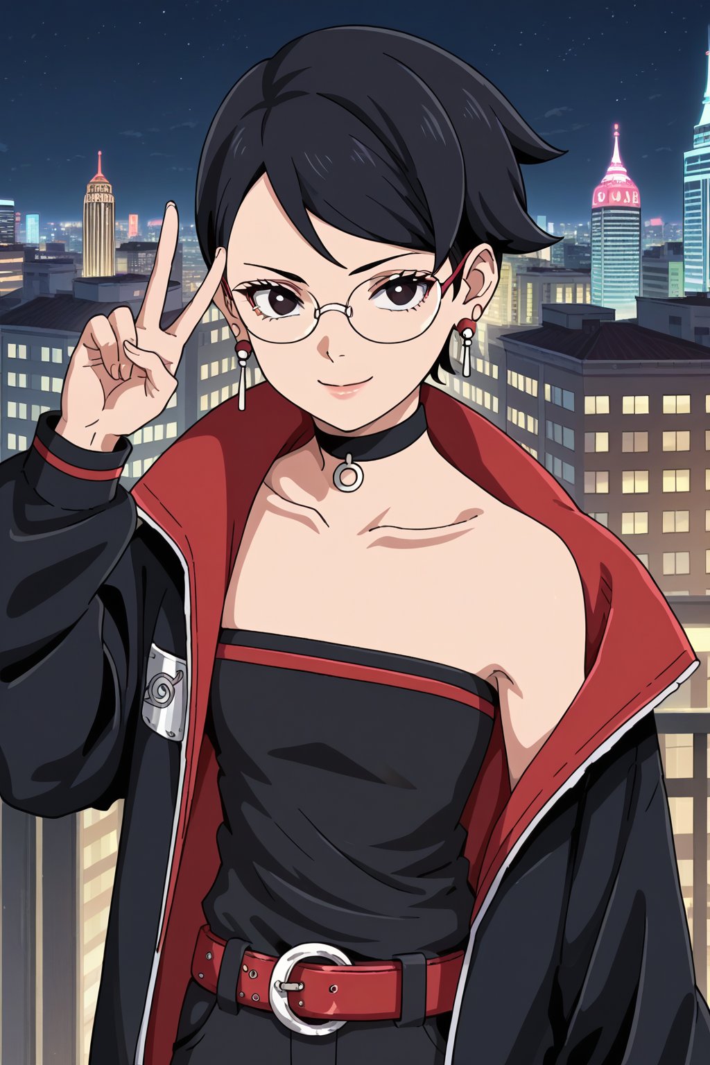 Sarada Uchiha,black hair,short hair,black eyes,glasses,earrings,choker,open jacket, konohagakure symbol,strapless,red belt,black shorts,smile,v,hand up,night city,cityscape,medium shot,Anime_screencap,fake_screenshot,score_9,score_8_up,score_7_up, score_6_up, score_5_up,score_4_up,source_anime,fine anime screencap,style parody,official style,anime coloring