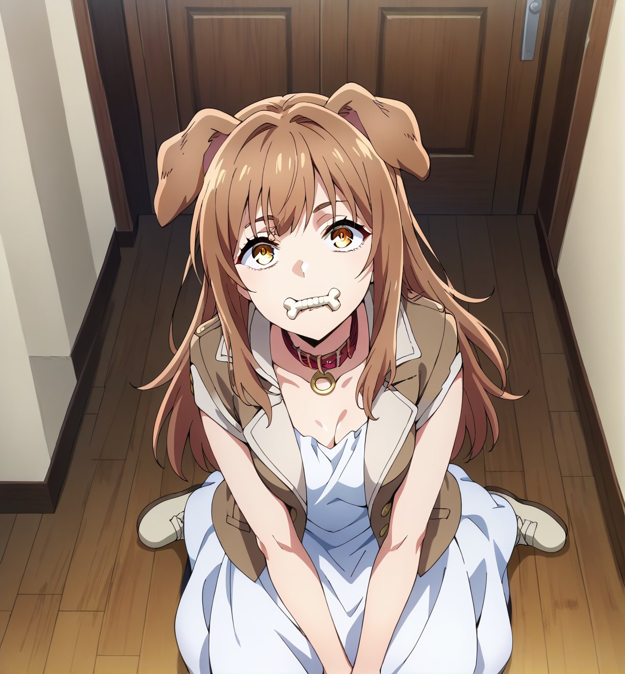 1girl,from above,looking up,looking at viewer,dog girl,dog ears,brown hair,long hair,bangs,long sideburns,shaded eyes,brown eyes,yellow eyes,:3,bone in mouth,animal collar,choker,white dress,brown jacket,off soulder jacket,open clothes,dog tail,sitting,kneeling,v arms,indoors,Anime_screencap,fake_screenshot,score_9,score_8_up,score_7_up, score_6_up, score_5_up,score_4_up,source_anime,fine anime screencap,style parody,official style,anime coloring