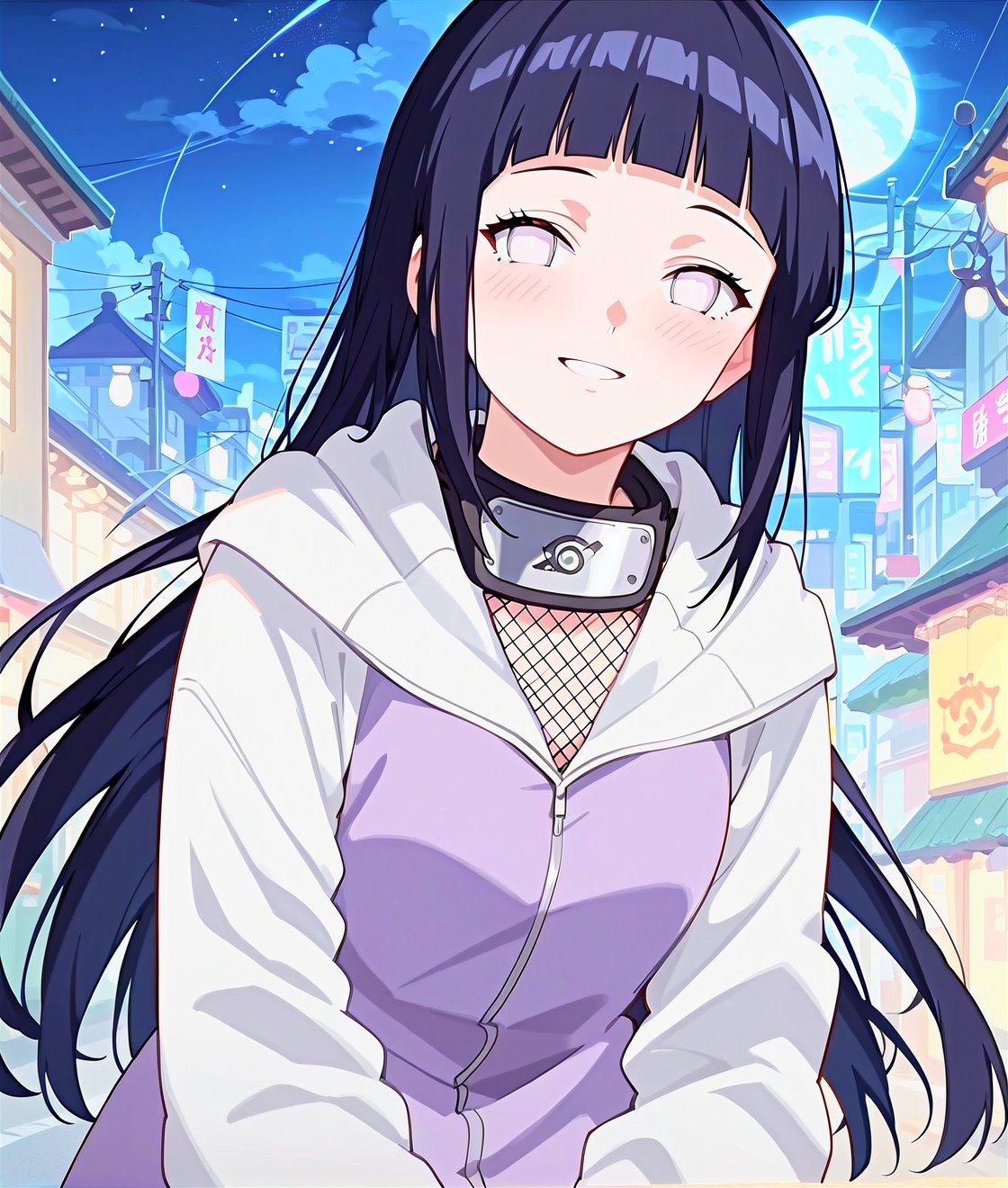 1girl,smile,blush,solo,Hinata Hyuga,long hair,blunt bangs,dark blue hair,light eyes,forehead protector,konohagakure symbol,purple and white hooded jacket,fishnets,garter ring,night city,,Anime_screencap,fake_screenshot,score_9,score_8_up, score_7_up, score_6_up, score_5_up,score_4_up,source_anime,fine anime screencap,style parody,official style,anime coloring,Visual Anime