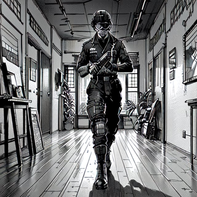 Grayscale,Male,soldier,Focus Male, 1boy,helmet,soldier suit,boots,Landscape,Monochromatic,fantasy landscape,Manga Landscape,room inside,living room,vase,Wooden floor,8k, highquality,Extremely detailed, beautiful landscape,(masterpiece:1.331), (highest resolution:1.2), (full quality), (Extremely beautiful and detailed:1.2), (8k, 4k, 2k), manga style, extremely detailed, CG, unity,finely detail, masterpiece, best quality, official art, extremely detailed CG unity 8k,line_art,g-pen lineart ,Manga Landscape ,monochromatic ,Manga,High detailed,boichi manga style