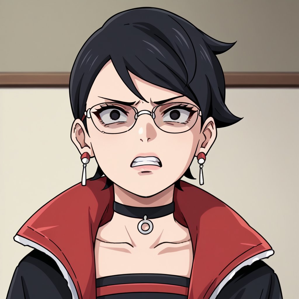 Sarada Uchiha,black hair,short hair,black eyes,glasses,earrings,choker,open jacket,upper body,disgusted face,shaded face,Anime_screencap,fake_screenshot,score_9,score_8_up,score_7_up, score_6_up, score_5_up,score_4_up,source_anime,fine anime screencap,style parody,official style,anime coloring