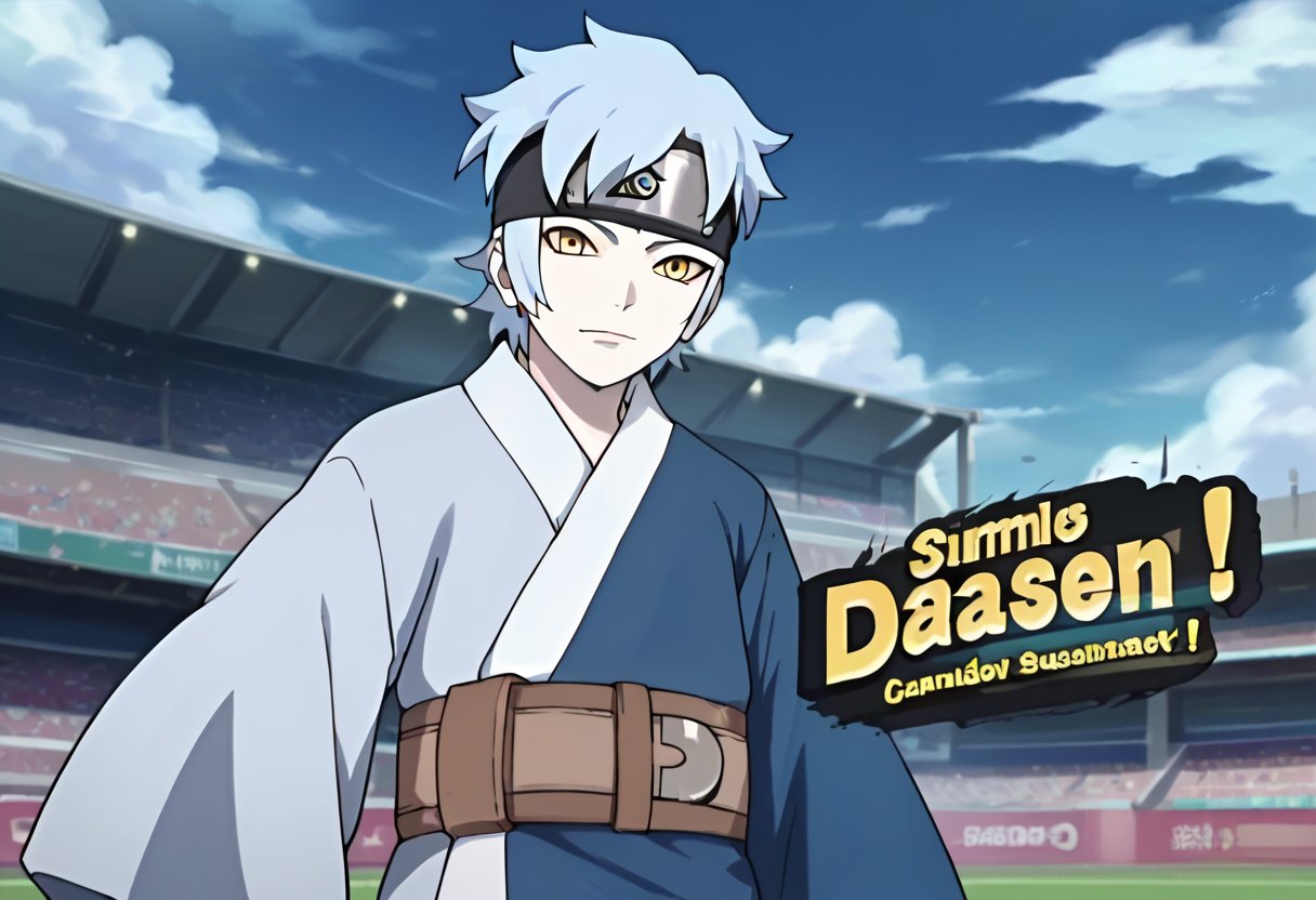 1boy,solo,looking at viewer,Mitsuki,short hair,blue hair,forehead protector,konohagakure symbol,pale skin,yellow eyes,blue and navy kimono,belt,stadium background,SSBUSplashArt:1,english text,anime_screencap,fake_screenshot,score_9,score_8_up, score_7_up, score_6_up, score_5_up,score_4_up,source_anime,fine anime screencap,style parody,official style,anime coloring