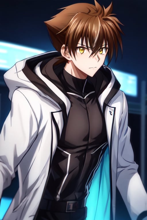 1 boy, alone, short hair, looking at viewer, upper body, yellow eyes, hair between eyes, brown hair, strong black battle suit, suit with neon blue light line, night, ((23 years old issei_hyoudou)), issei_hyoudou, defined and marked muscles, medium muscle, long sleeves, black gloves, tall man, broad shoulders, male focus, hood