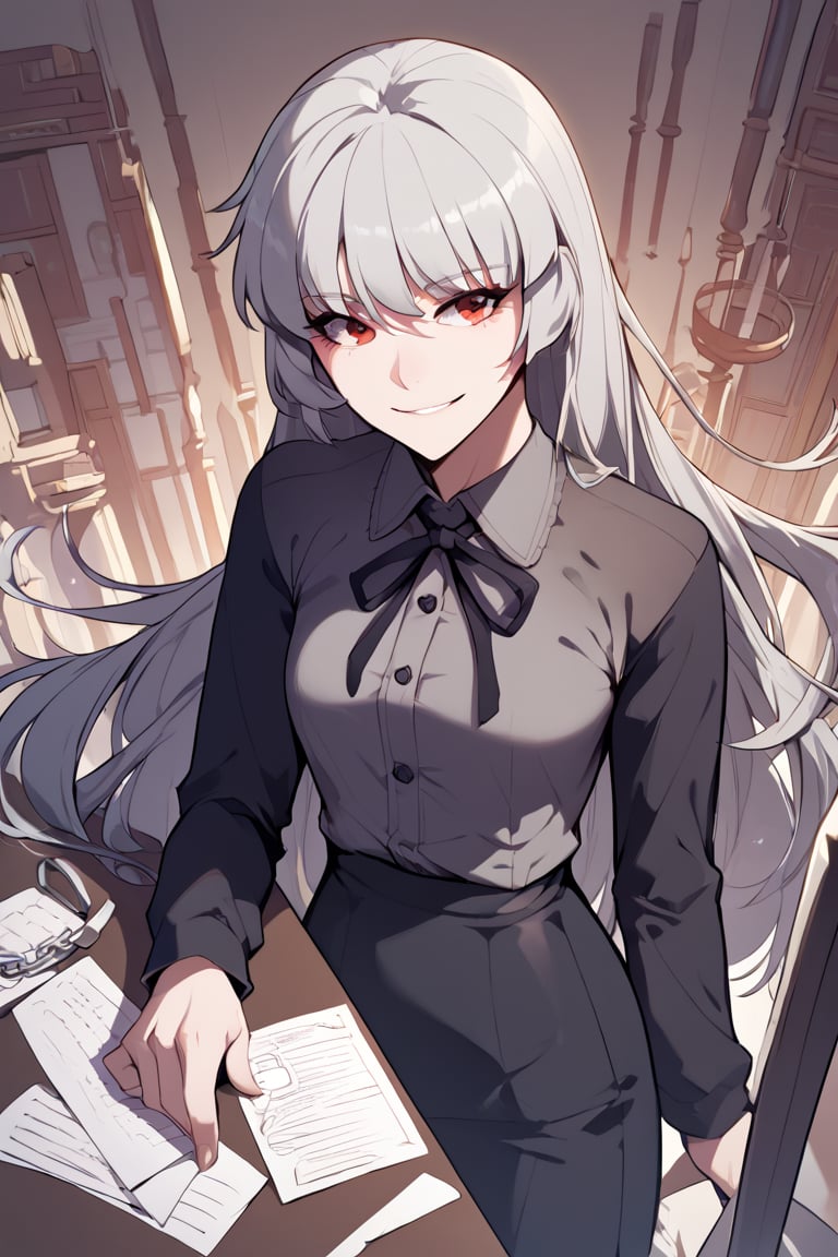 score_9,score_8_up,score_7_up,score_6_up,score_5_up,score_4_up, AliceSMLN,1 girl, alone, light smile, gray hair, long hair, red eyes, gray hair, big chest, button-down shirt, long sleeves, secretary skirt