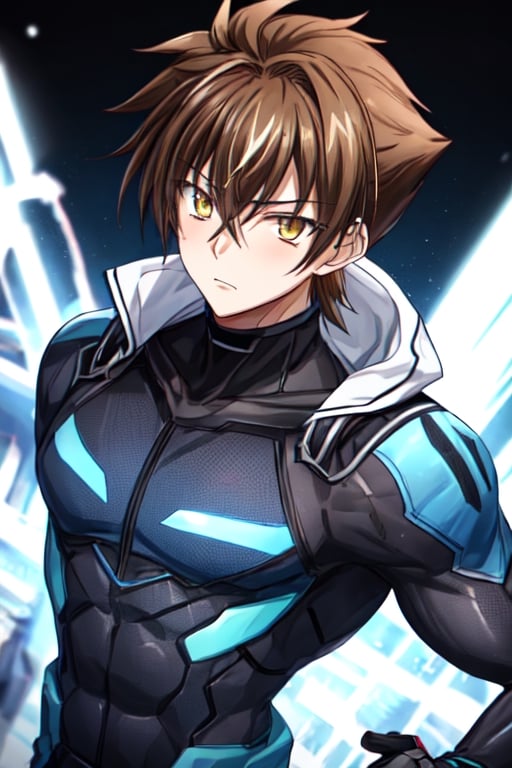 1 boy, alone, short hair, looking at viewer, yellow eyes, hair between eyes, brown hair, strong tight black battle suit, neon blue light suit, night, ((23 years old issei_hyoudou)), issei_hyoudou, definition and muscular marking, big muscle, long sleeves, tall man, broad shoulders, male focus, black gloves