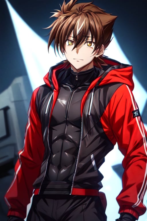 1 boy, alone, short hair, looking at viewer, upper body, yellow eyes, hair between eyes, brown hair, strong black battle suit, suit with neon blue light line, night, ((23 years old issei_hyoudou)), issei_hyoudou, defined and marked muscles, medium muscle, long sleeves, black gloves, tall man, broad shoulders, male focus, hood