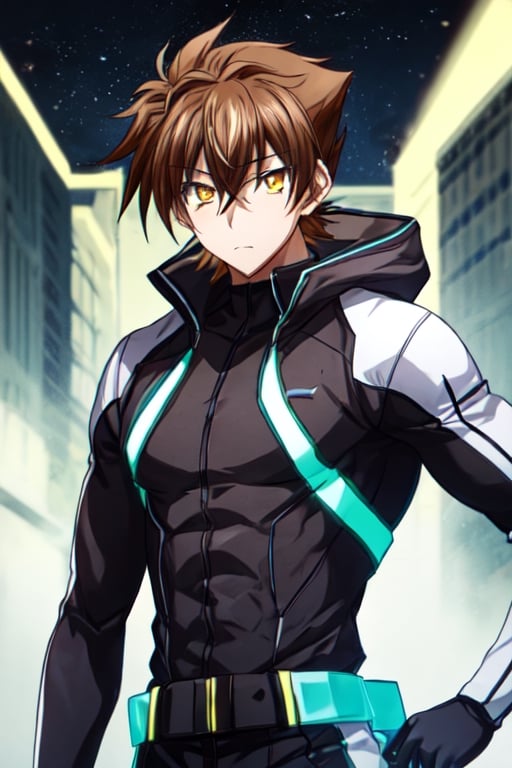 1 boy, alone, short hair, looking at viewer, upper body, yellow eyes, hair between eyes, brown hair, strong black battle suit, suit with neon blue light, night, ((23 years old issei_hyoudou)), issei_hyoudou , defined and marked muscles, medium muscle, long sleeves, gloves, tall man, broad shoulders, male focus, hood